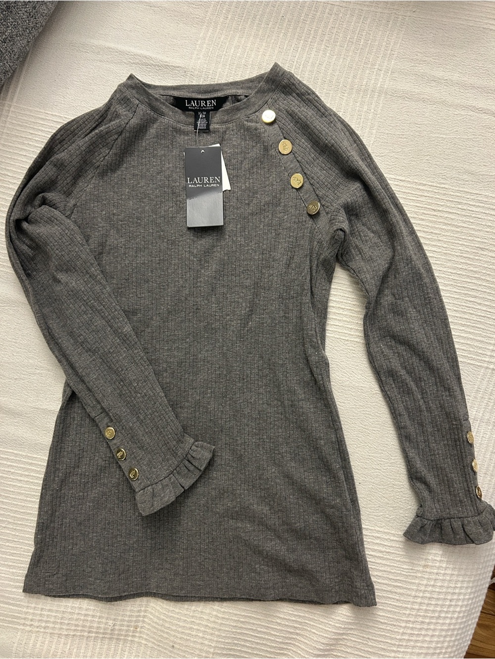 Lauren Ralph Lauren Charcoal Ribbed Long Sleeve Top with Gold Buttons